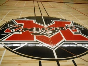 THE LOGO CENTER COURT ON MOUNTAIN VIEW'S NEW BASKETBALL COURT.