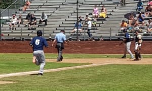 1B Gabe Clark crosses the plate after blasting a HR on the first pitch of the 4th inning. 