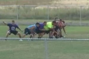 The Ridgeview offensive line practices in the preseason. 