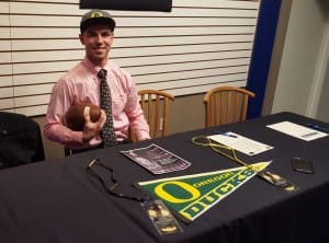 Zach Emerson shows off his Ducks swag. 