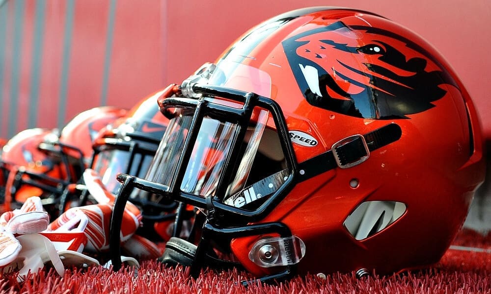 Oct 17, 2015; Pullman, WA, USA; Oregon State Beavers helmet sits before a game against the Washington State Cougars at Martin Stadium. Mandatory Credit: James Snook-USA TODAY Sports